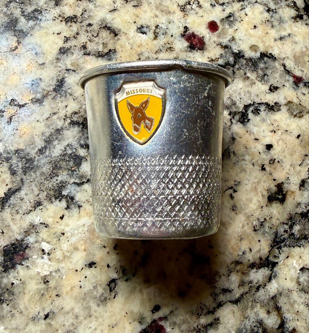 Vintage Missouri Mule Only A Thimble Full Metal Shot Glass Jigger Souvenir
